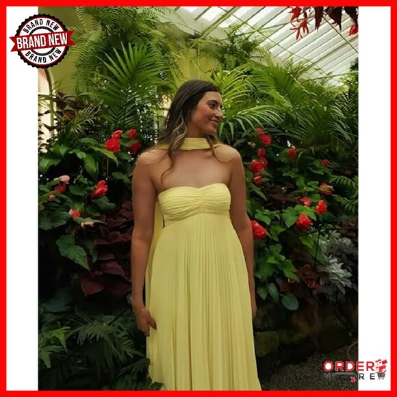 Strapless Satin Formal Gown with Scarf Pleated Maxi Dress - Picture 6 of 8